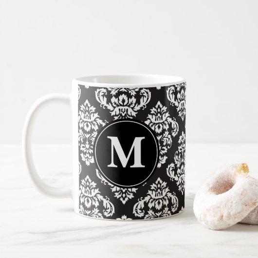 白黒ダマスクプリント模様モノグラム コーヒーマグカップ (ドーナツ)