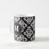 白黒ダマスクプリント模様モノグラム コーヒーマグカップ (正面左)