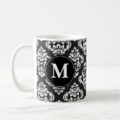 白黒ダマスクプリント模様モノグラム コーヒーマグカップ (左)