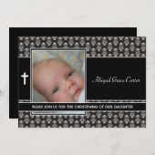 白黒ダマスクベビーガールフォト《キリスト教》洗礼式や命名式 招待状 (正面/裏面)