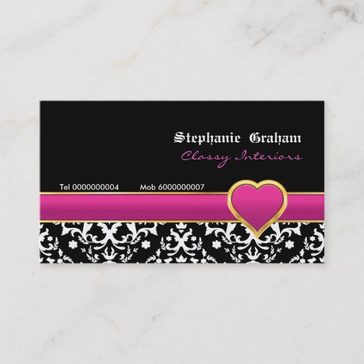 白黒ダマスクホットピンクハート名刺 名刺 (正面)