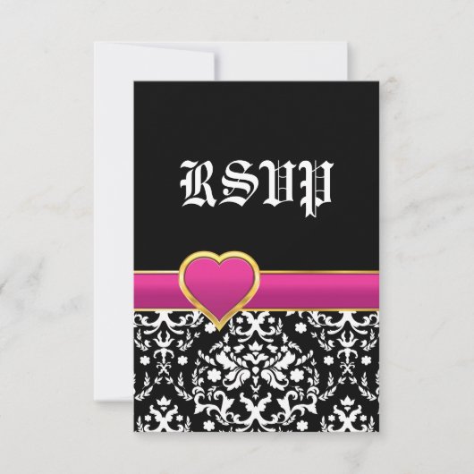 白黒ダマスクホットピンクハート結婚式RSVP 出欠カード (正面)