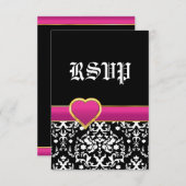 白黒ダマスクホットピンクハート結婚式RSVP 出欠カード (正面/裏面)