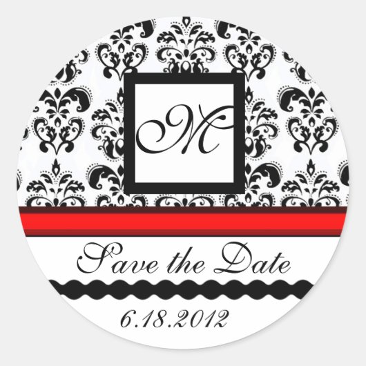 白黒ダマスクモノグラム、日付を保存 ラウンドシール (正面)