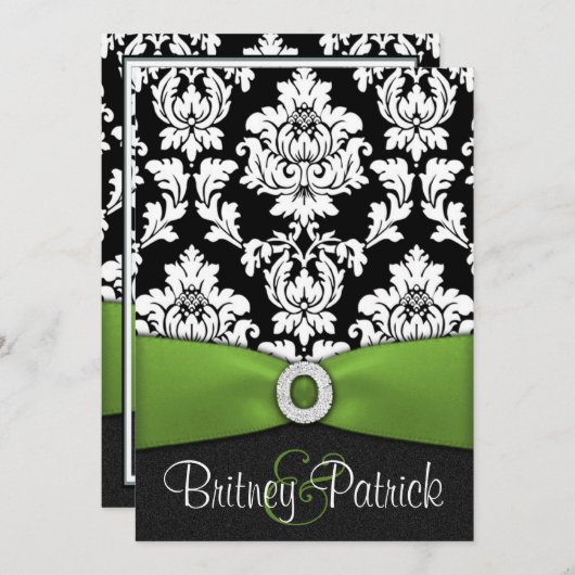 白黒ダマスクライムグリーン結婚式招待状 招待状 (正面/裏面)