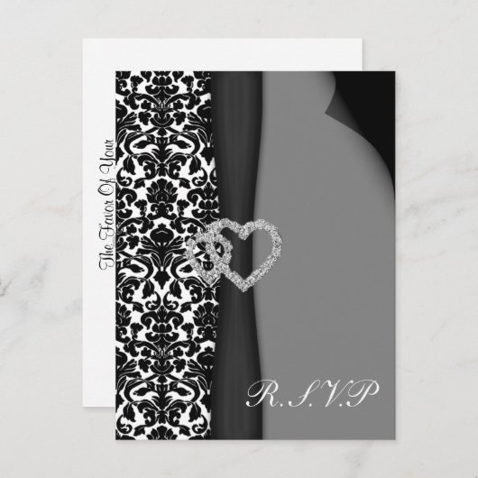 白黒ダマスクリボンフェイクディアマンテデザイン インビテーションポストカード (正面/裏面)