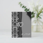 白黒ダマスクリボンフェイクディアマンテデザイン インビテーションポストカード (スタンド正面)