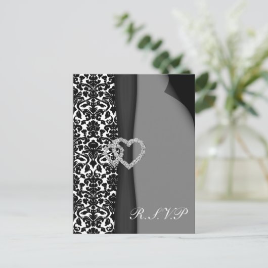 白黒ダマスクリボンフェイクディアマンテデザイン インビテーションポストカード (スタンド正面)