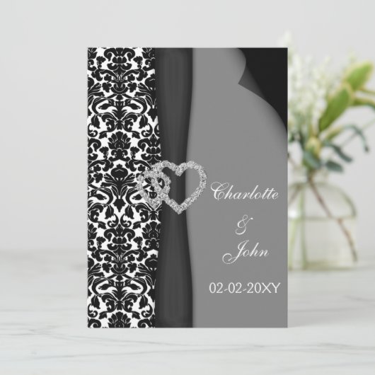 白黒ダマスクリボンフェイクディアマンテデザイン 招待状 (スタンド正面)