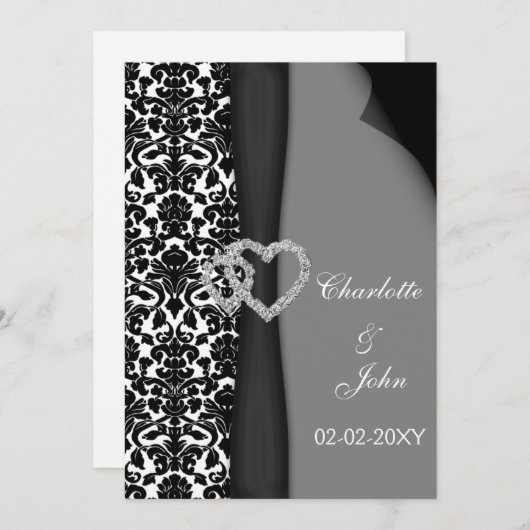 白黒ダマスクリボンフェイクディアマンテデザイン 招待状 (正面/裏面)