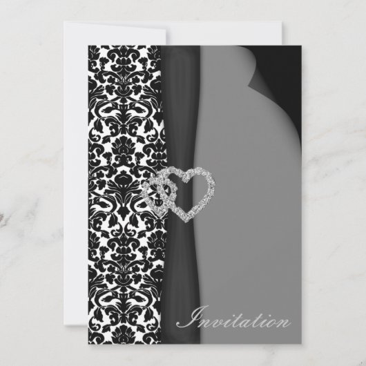 白黒ダマスクリボンフェイクディアマンテデザイン 招待状 (正面)