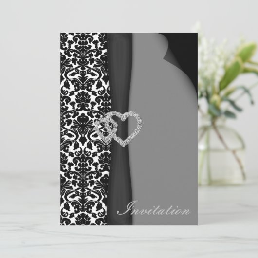 白黒ダマスクリボンフェイクディアマンテデザイン 招待状 (スタンド正面)