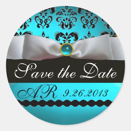 白黒ダマスクリボンモノグラムジェムストーン ラウンドシール (正面)