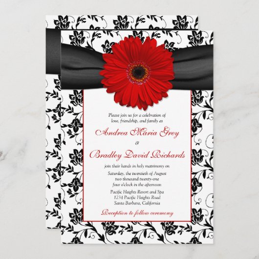 白黒ダマスクレッドデイジー結婚式招待状 招待状 (正面/裏面)