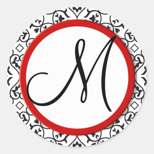 白黒ダマスクレッドトリム結婚のシール ラウンドシール (正面)