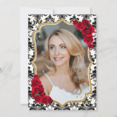 白黒ダマスクレッドローゼス写真50誕生日 招待状 (裏面)