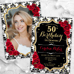 白黒ダマスクレッドローゼス写真50誕生日 招待状<br><div class="desc">エレガントフローラ50歳の誕生日の招待状とカードの後ろの写真。グラム白黒レッドデザインとフェイクグリッター金ゴールド。特徴は黒と白のダマスクパターン、赤いバラ、スクリプトのフォントと紙吹雪。大人スタイリッシュのお祝いパーティーに最適。独自の詳細でパーソナライズどんなカスタマイズ年でもいい！印刷されたZazzle招待状または即時ダウンロードのデジタル印刷可能なテンプレート。</div>