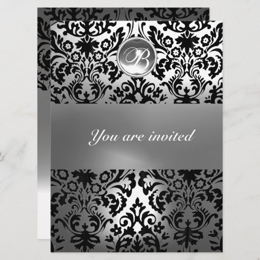 白黒ダマスク宝石モノグラム 招待状 (正面/裏面)