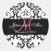 白黒ダマスク日付ステッカーの保存 ラウンドシール (正面)
