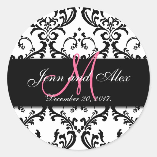 白黒ダマスク日付ステッカーの保存 ラウンドシール (正面)
