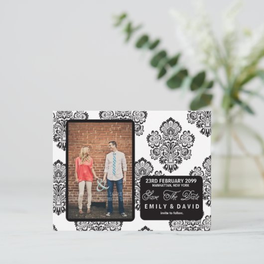 白黒ダマスク日付写真はがきを保存 案内ポストカード (スタンド正面)