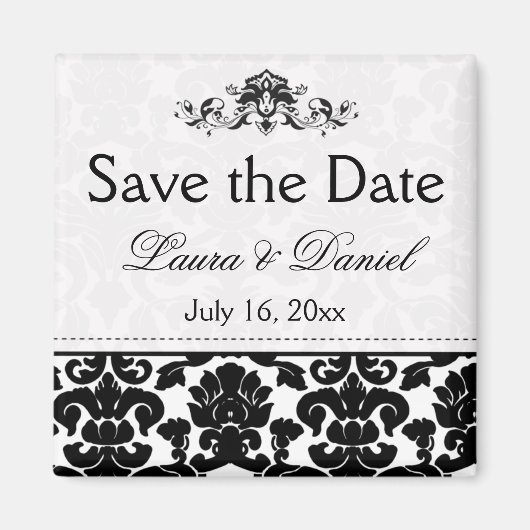 白黒ダマスク日付磁石を保存 マグネット (正面)