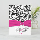 白黒ダマスク明るい赤紫色印刷リボン 招待状 (スタンド正面)
