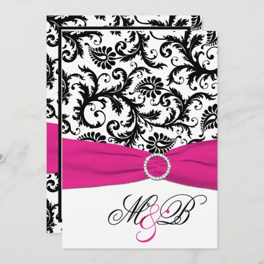 白黒ダマスク明るい赤紫色印刷リボン 招待状 (正面/裏面)