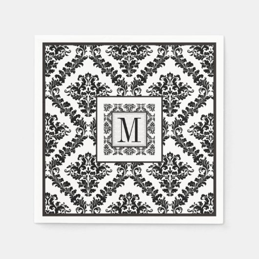 白黒ダマスク模様モノグラム結婚ズ スタンダードカクテルナプキン (正面)