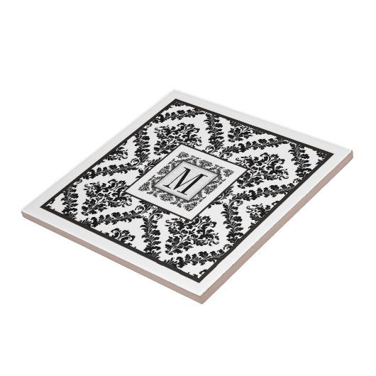 白黒ダマスク模様モノグラム結婚ズ タイル (側面)