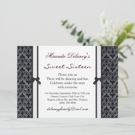 白黒ダマスク水玉模様スイート16招待状 招待状 (スタンド正面)