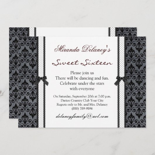 白黒ダマスク水玉模様スイート16招待状 招待状 (正面/裏面)