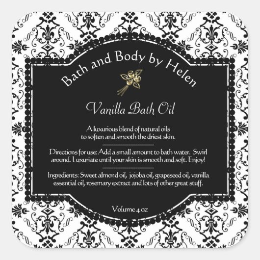 白黒ダマスク石鹸・化粧品ラベル スクエアシール (正面)