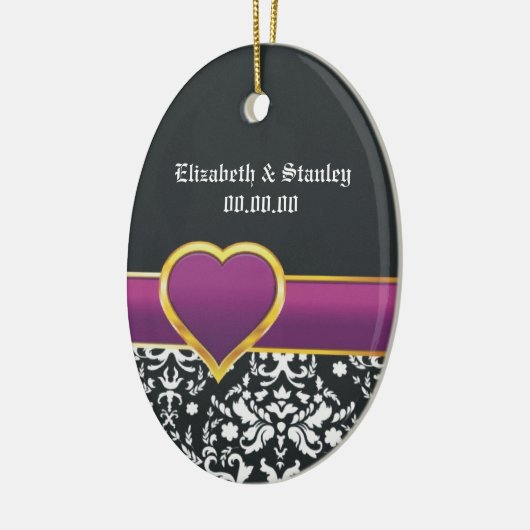 白黒ダマスク紫ハート日付を保存 セラミックオーナメント (左)