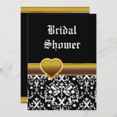 白黒ダマスク結婚ハートブライダルシャワー 招待状 (正面/裏面)
