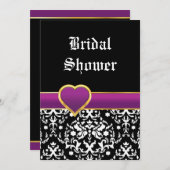 白黒ダマスク結婚ハートブライダルシャワー 招待状 (正面/裏面)