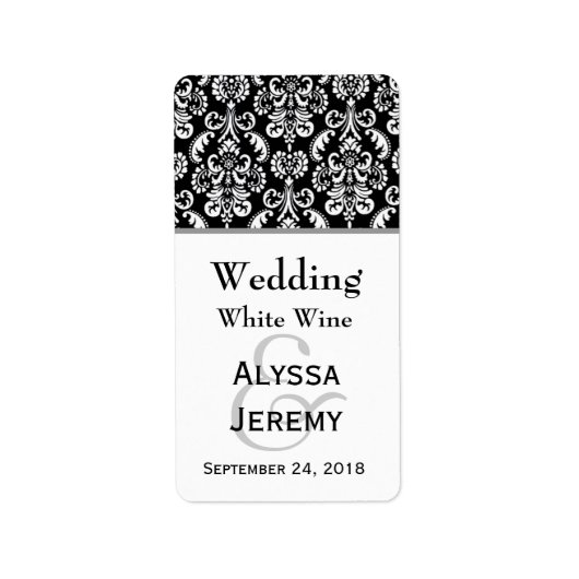 白黒ダマスク結婚ミニワインラベル ラベル (正面)