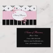 白黒ダマスク織のシックなピンクの花柄 名刺 (正面/裏面)