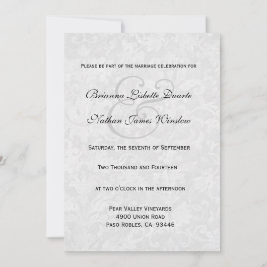 白黒ダマスク織のモノグラムのテンプレートV18 招待状 (裏面)