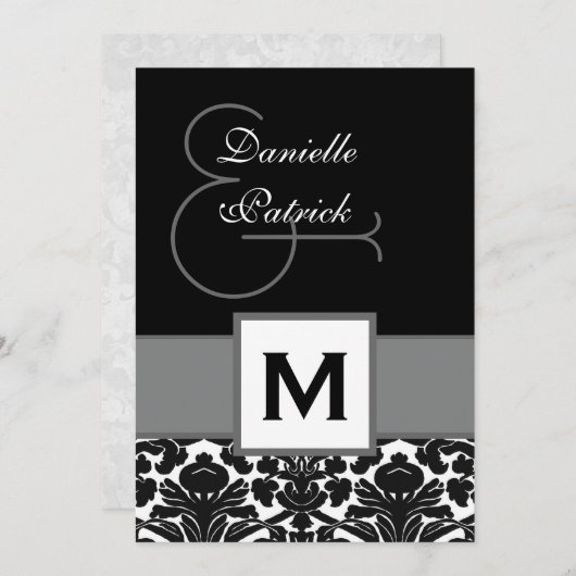 白黒ダマスク織のモノグラムのテンプレートV18 招待状 (正面/裏面)