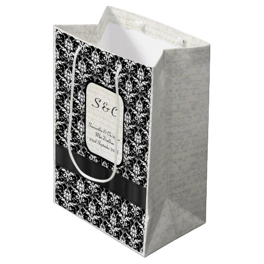 白黒ダマスク織の名前入りな結婚式 ミディアムペーパーバッグ (正面アングル)