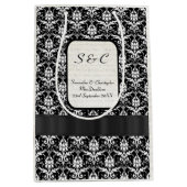 白黒ダマスク織の名前入りな結婚式 ミディアムペーパーバッグ (正面)