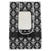 白黒ダマスク織の名前入りな結婚式 ミディアムペーパーバッグ (裏面)