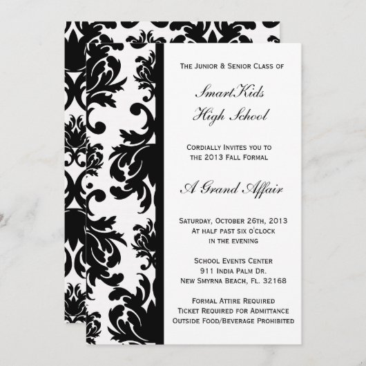 白黒ダマスク織の学校のプロムまたはフォーマル 招待状 (正面/裏面)