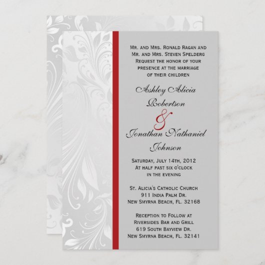 白黒ダマスク織の結婚式の招待 招待状 (正面/裏面)