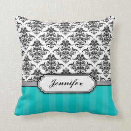 白黒ダマスク織の装飾用クッション-ターコイズ クッション