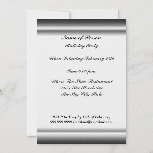 白黒ダマスク誕生日パーティーの招待 招待状 (裏面)