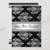 白黒ダマスク誕生日パーティーの招待 招待状 (正面/裏面)