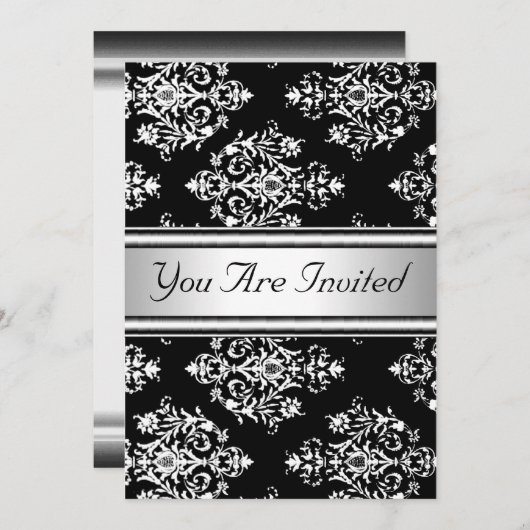 白黒ダマスク誕生日パーティーの招待 招待状 (正面/裏面)