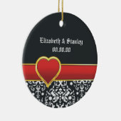 白黒ダマスク赤いハート結婚式日付を保存 セラミックオーナメント (右)